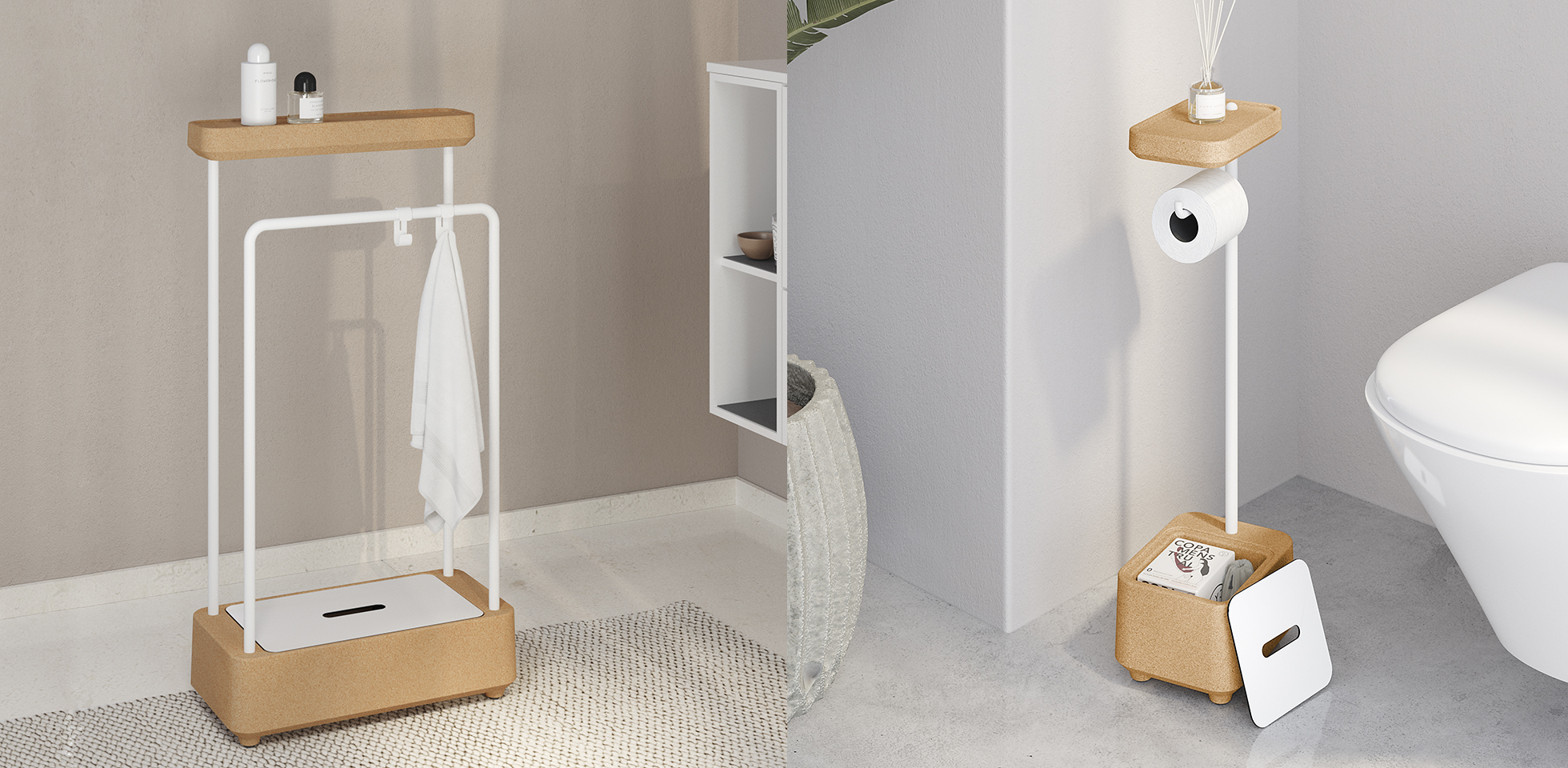 Bioco-bathroom-accessories-sonia-bath-cork-new-materials-organic-sustainability-eco-free-standing-double-towel-bar-whit-box-tray-hook