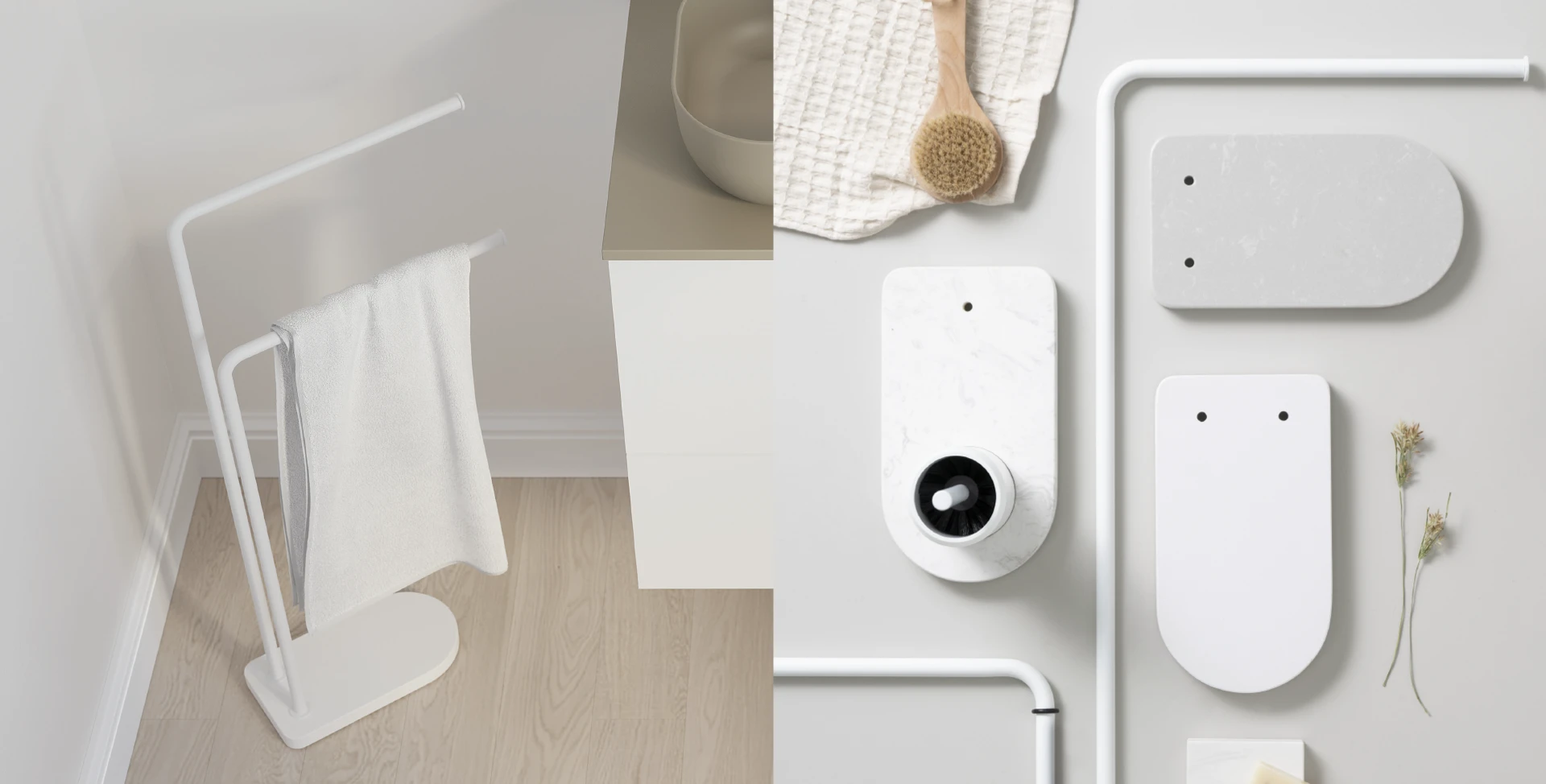 Sonia-bath-Nomad-freestanding-toallero-portarrollos-escobillero-blanco-calacatta-polar-stone