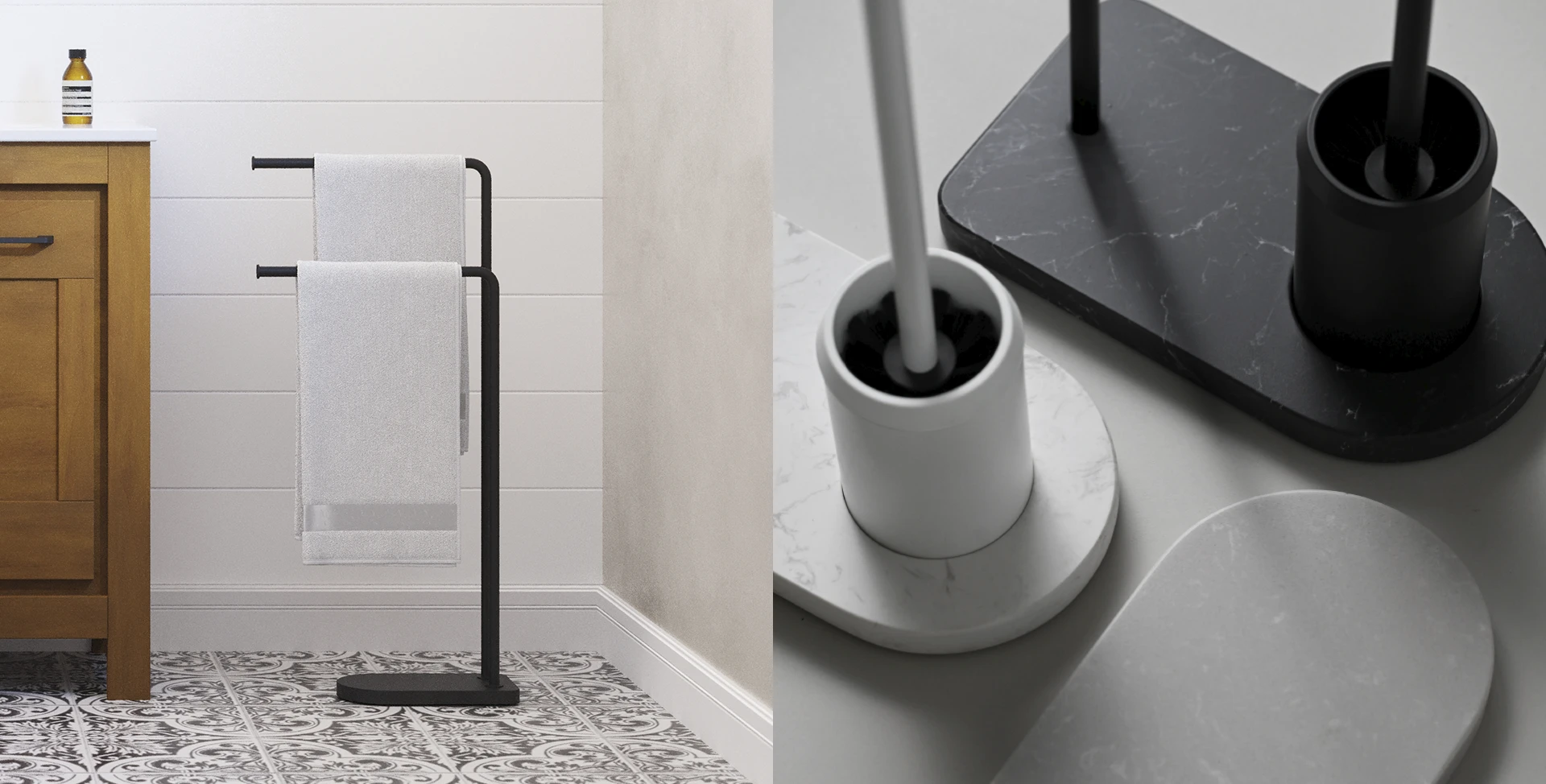 Sonia-bath-Nomad-freestanding-toallero-portarrollos-escobillero-calacatta-polar-marquina-stone-black